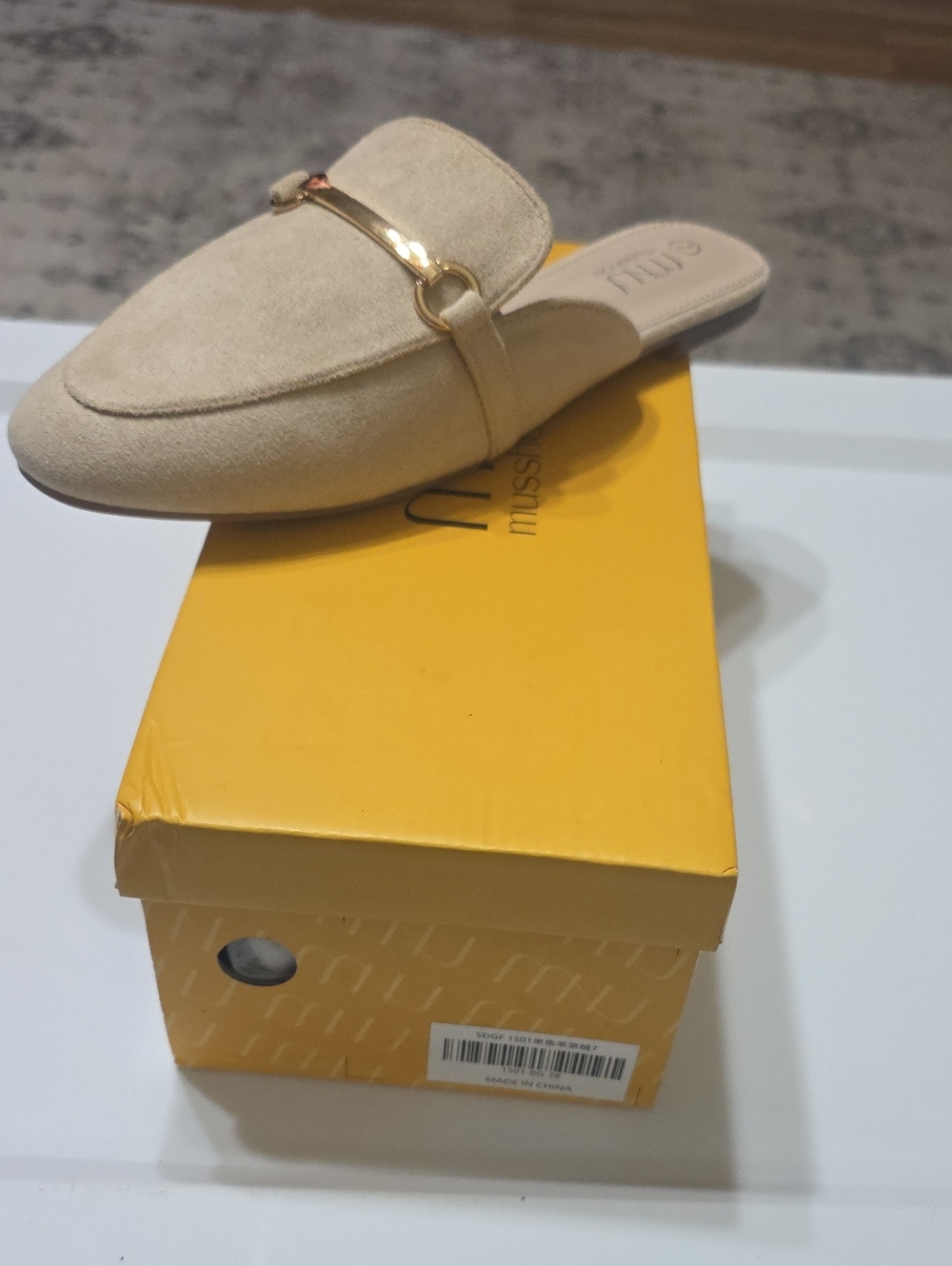 Musshoe  Beige Suede Backless Loafers with Gold Bit
